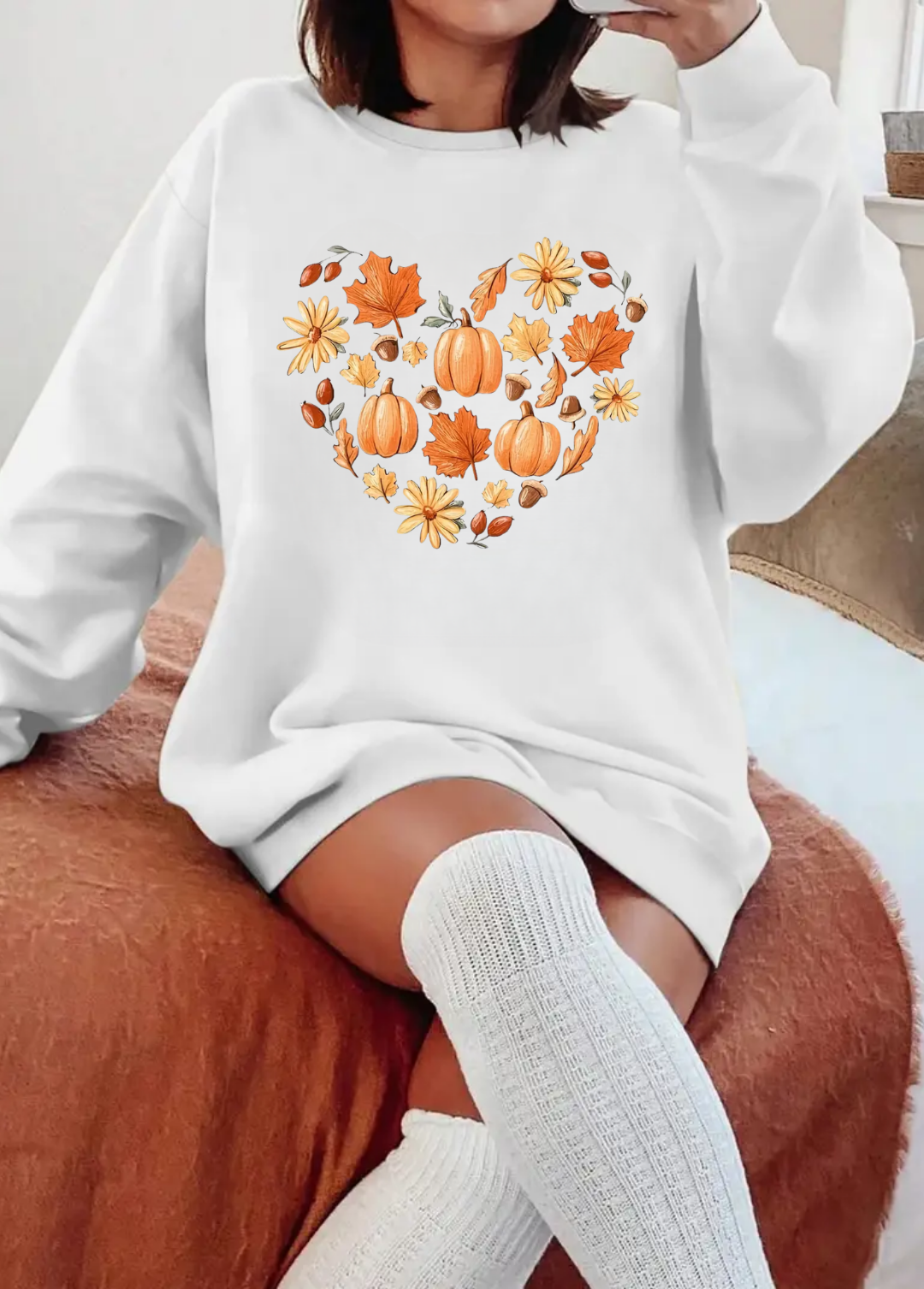 Hanorac de dama oversize ,,Heart autumn" Alb