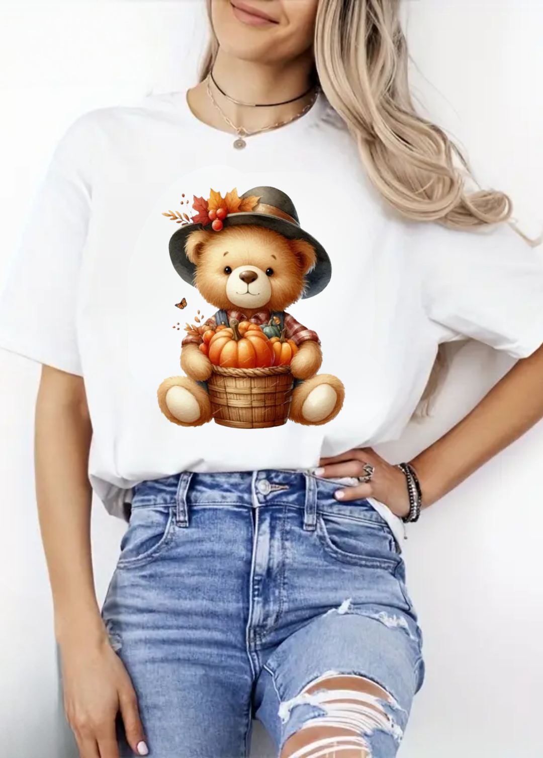 Tricou dama 100% bumbac "Bear autumn" Alb