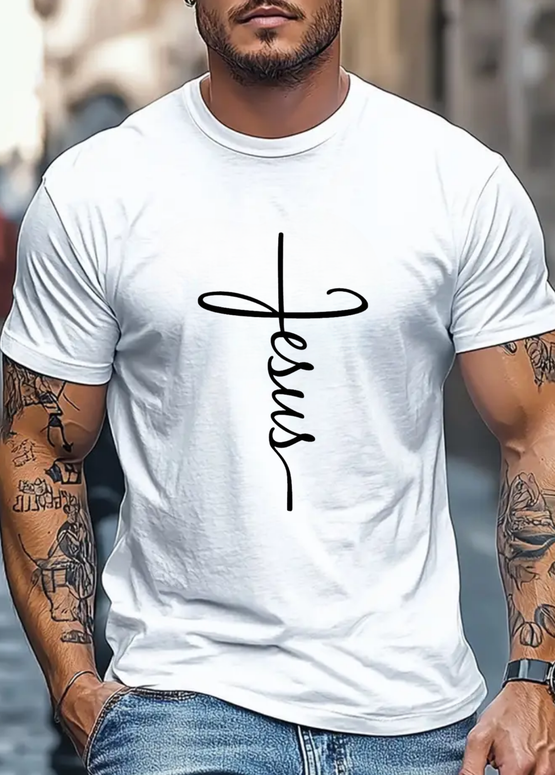 Tricou barbat 100% bumbac "Jesus" Alb