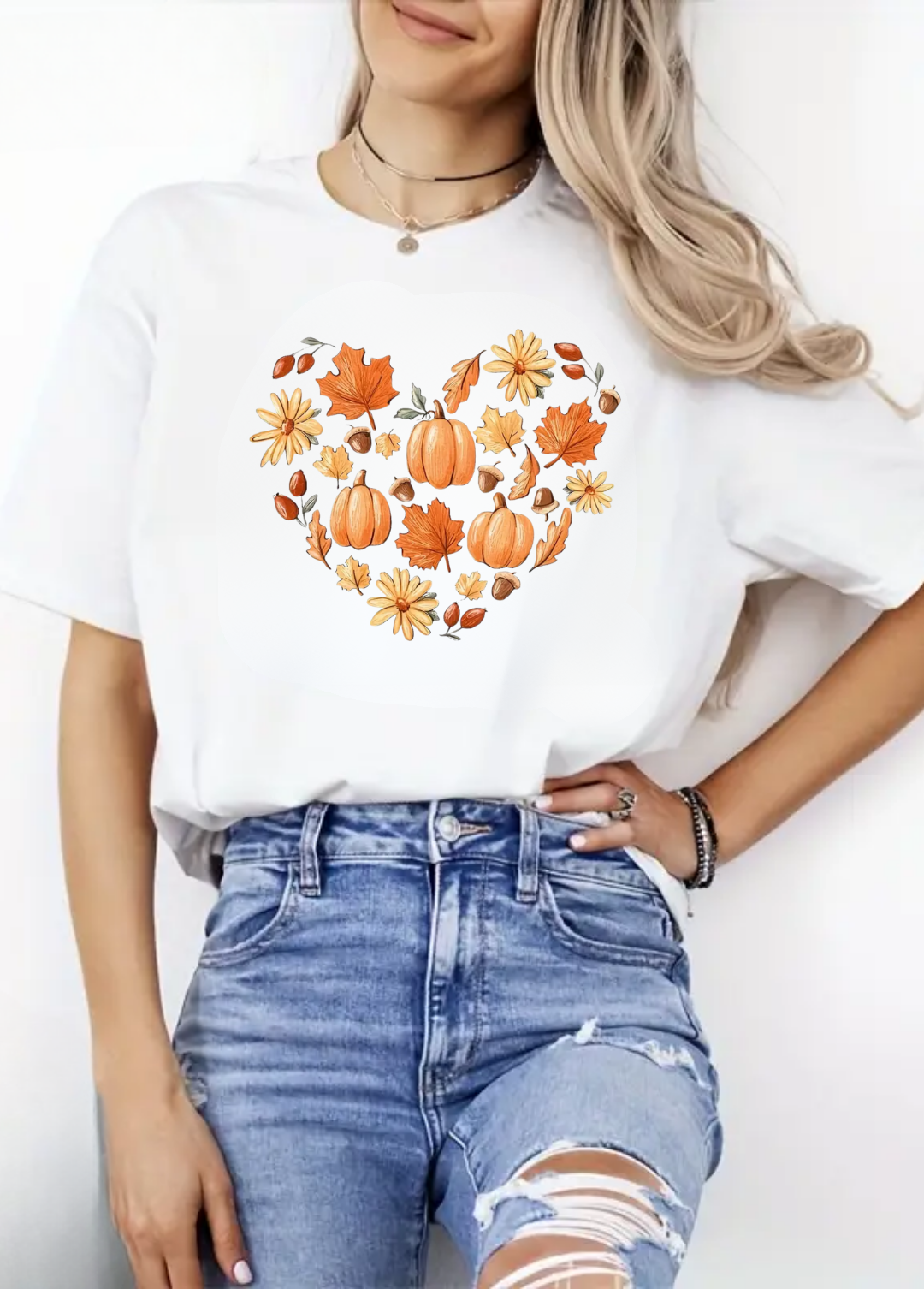Tricou dama 100% bumbac "Heart autumn" Alb