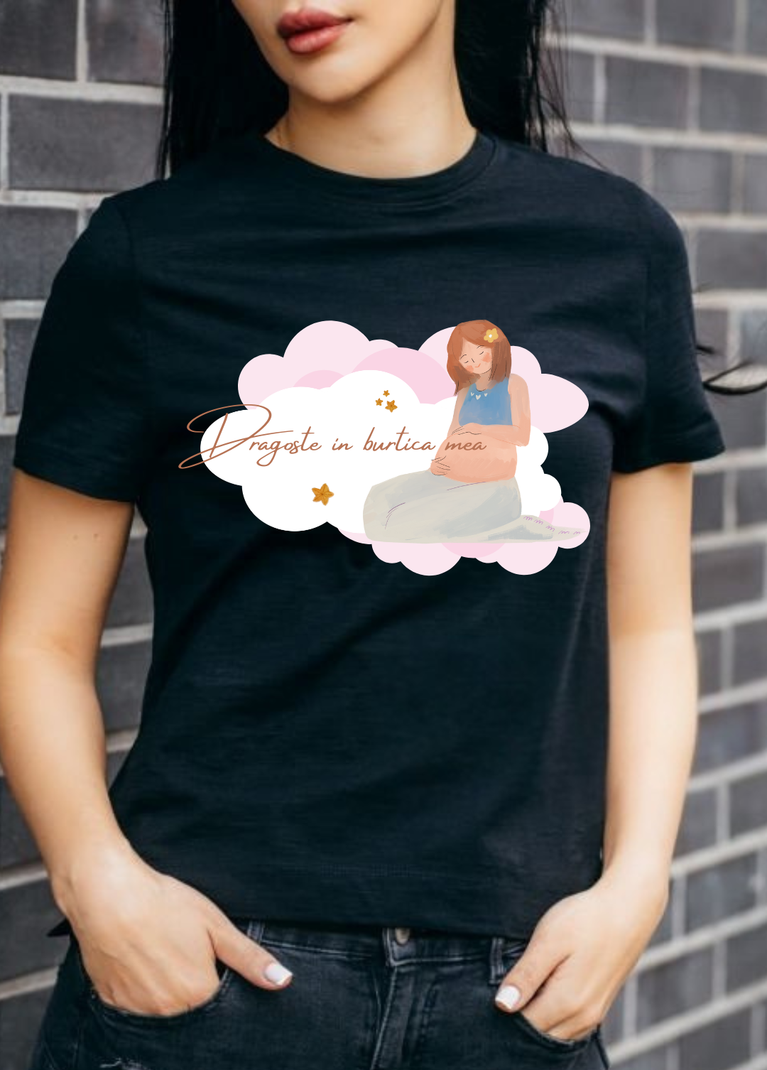 Tricou dama 100% bumbac "Dragoste in burtica mea" Negru