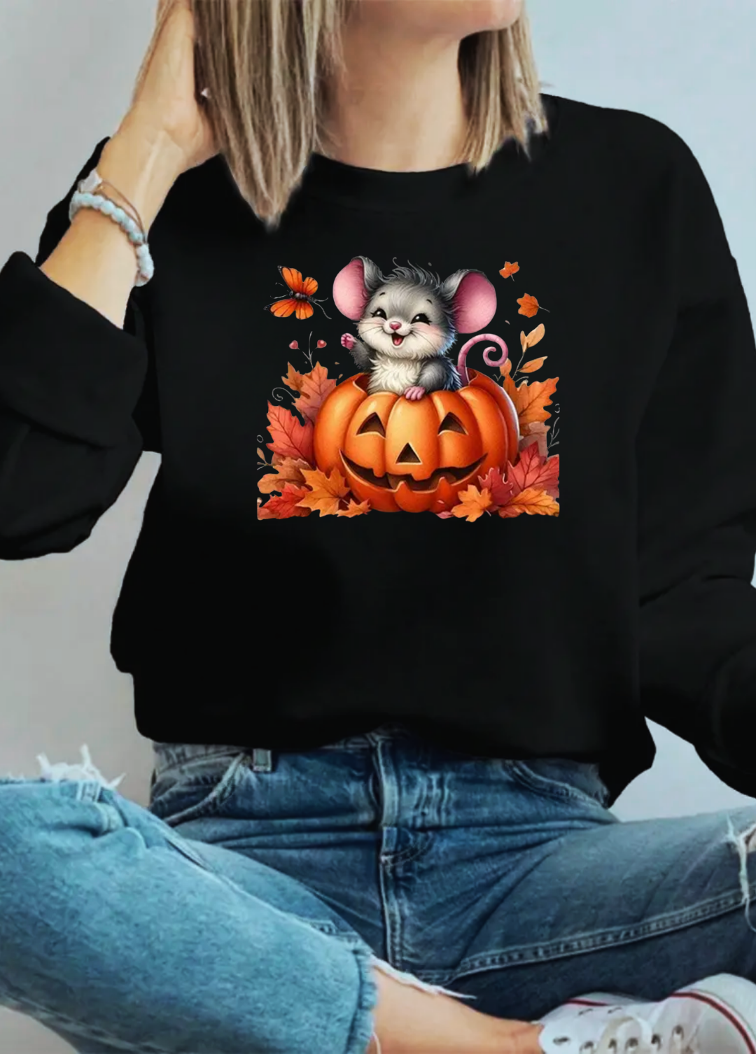 Hanorac de dama oversize ,,Mouse autumn" Negru