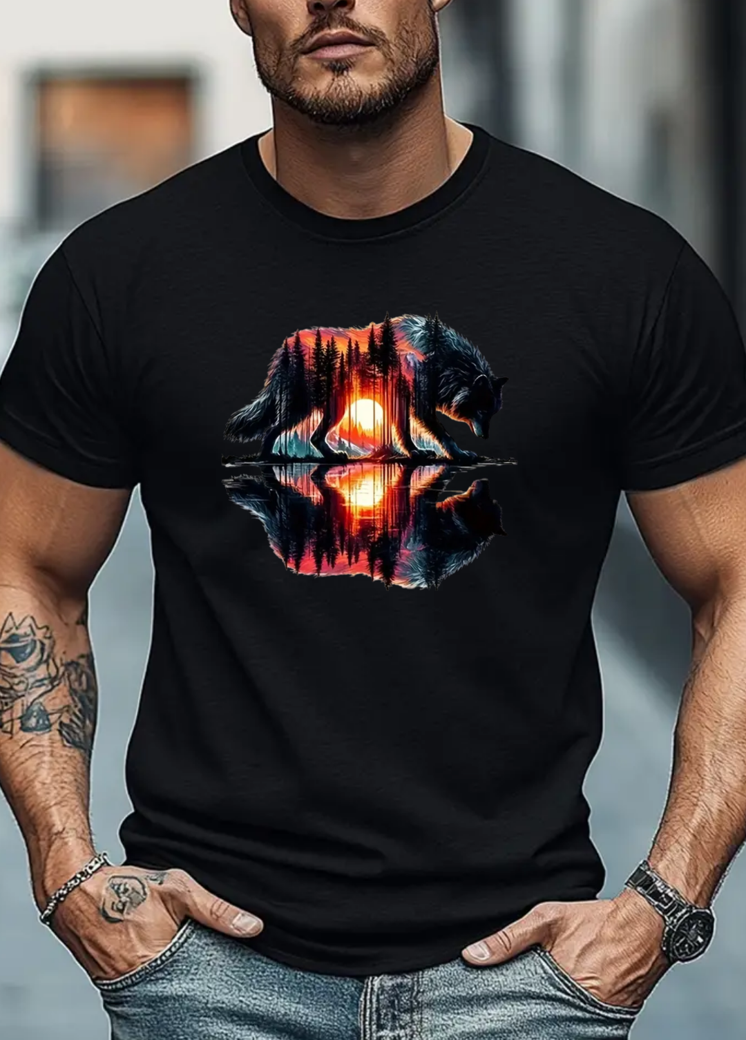 Tricou barbat 100% bumbac "Wolf" Negru