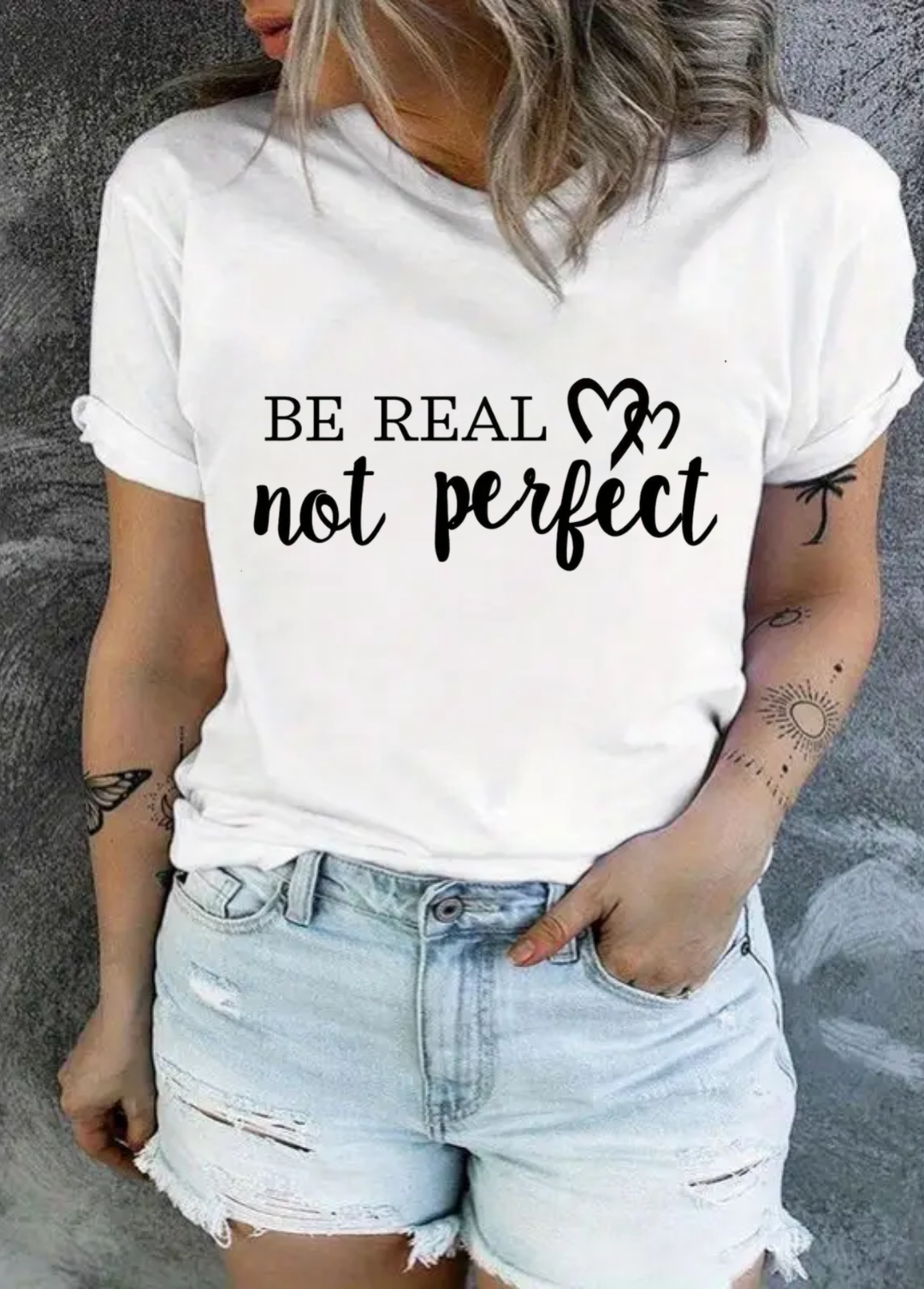 Tricou dama 100% bumbac "Be real not perfect" Alb