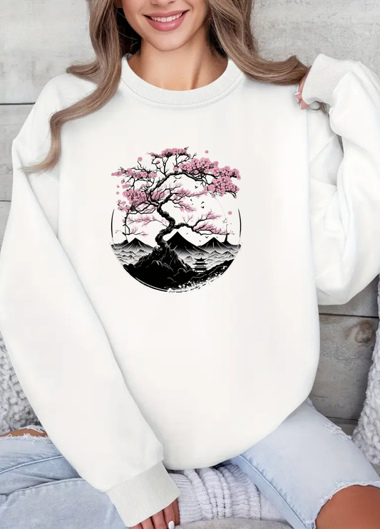 Hanorac de dama oversize ,,Cherry flowers" Alb