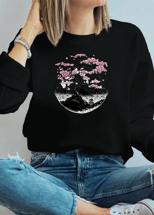 Hanorac de dama oversize ,,Cherry flowers" Negru