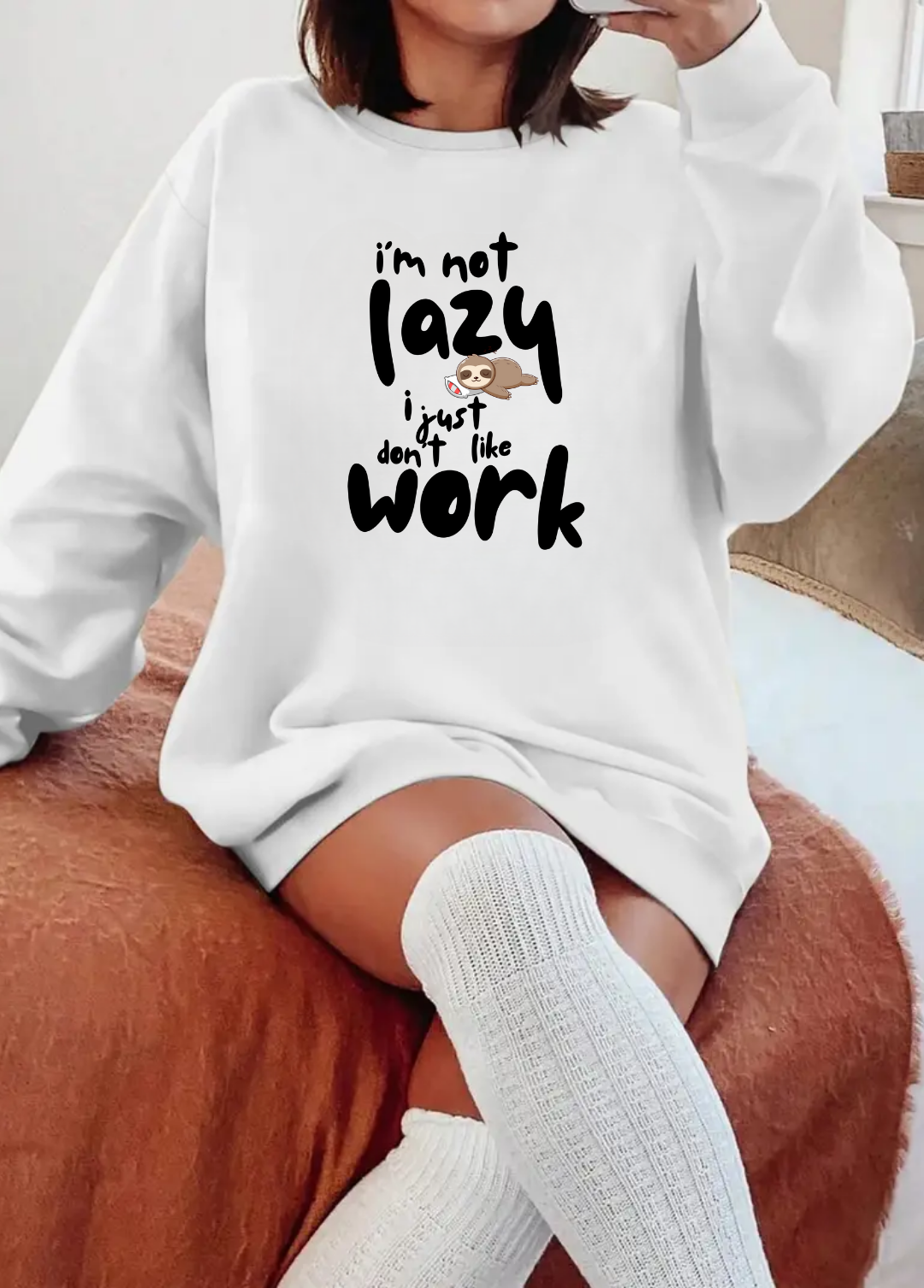 Hanorac de dama oversize ,,I'm not lazy" Alb