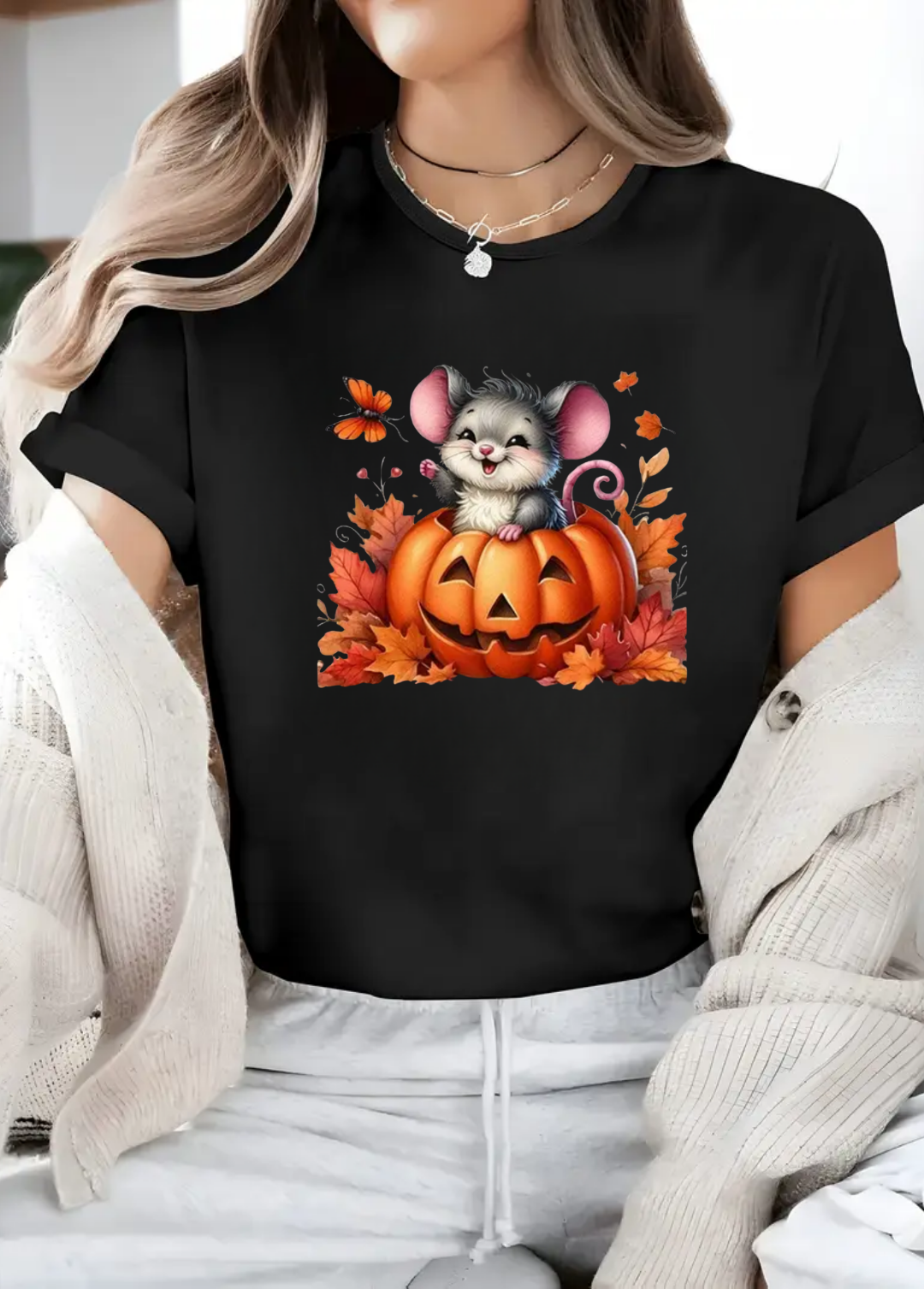 Tricou dama 100% bumbac "Mouse autumn" Negru