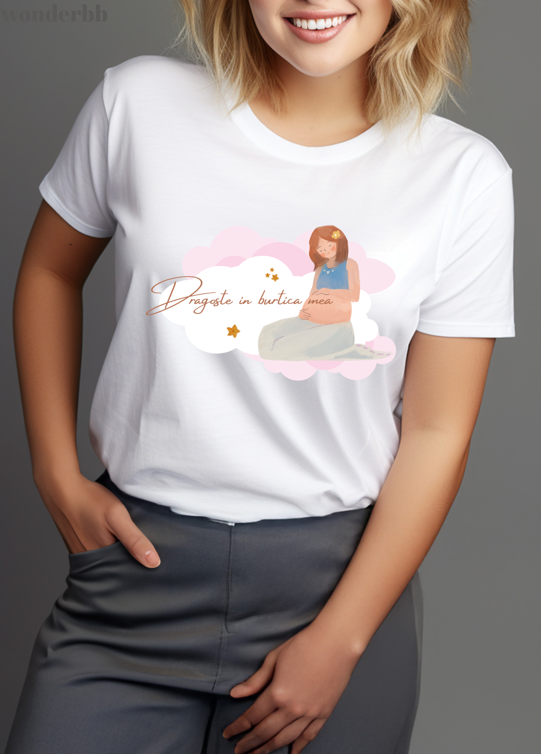 Tricou dama 100% bumbac "Dragoste in burtica mea" Alb