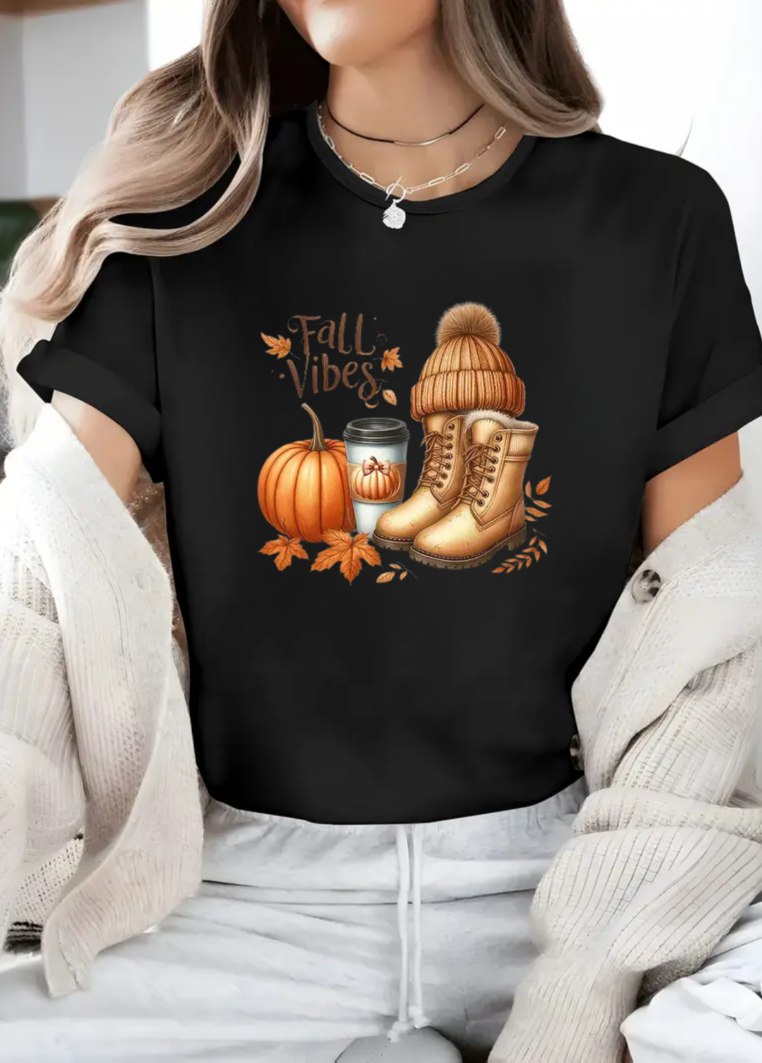 Tricou dama 100% bumbac "Fall vibes" Negru