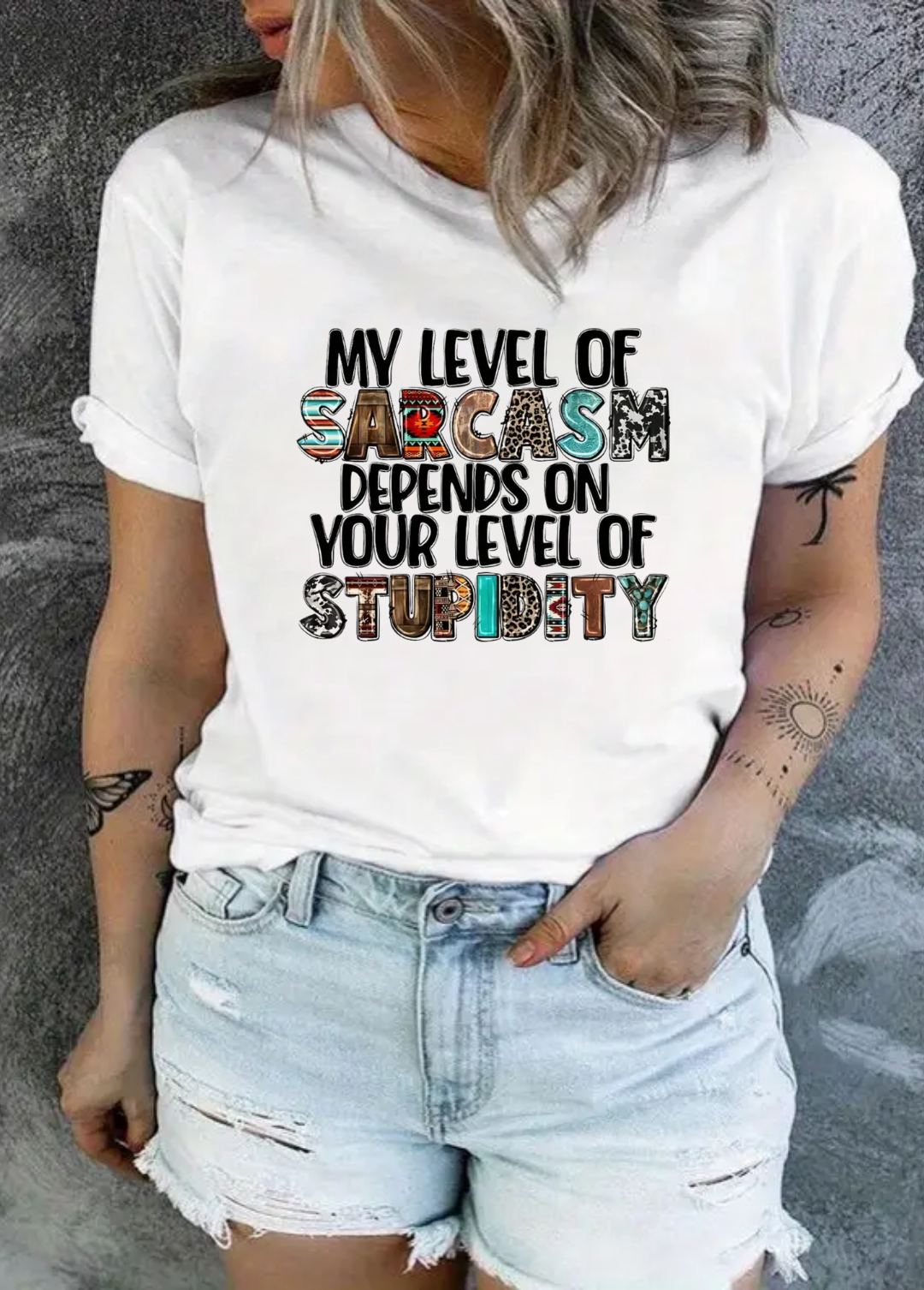 Tricou dama 100% bumbac "My level of sarcasm" Alb