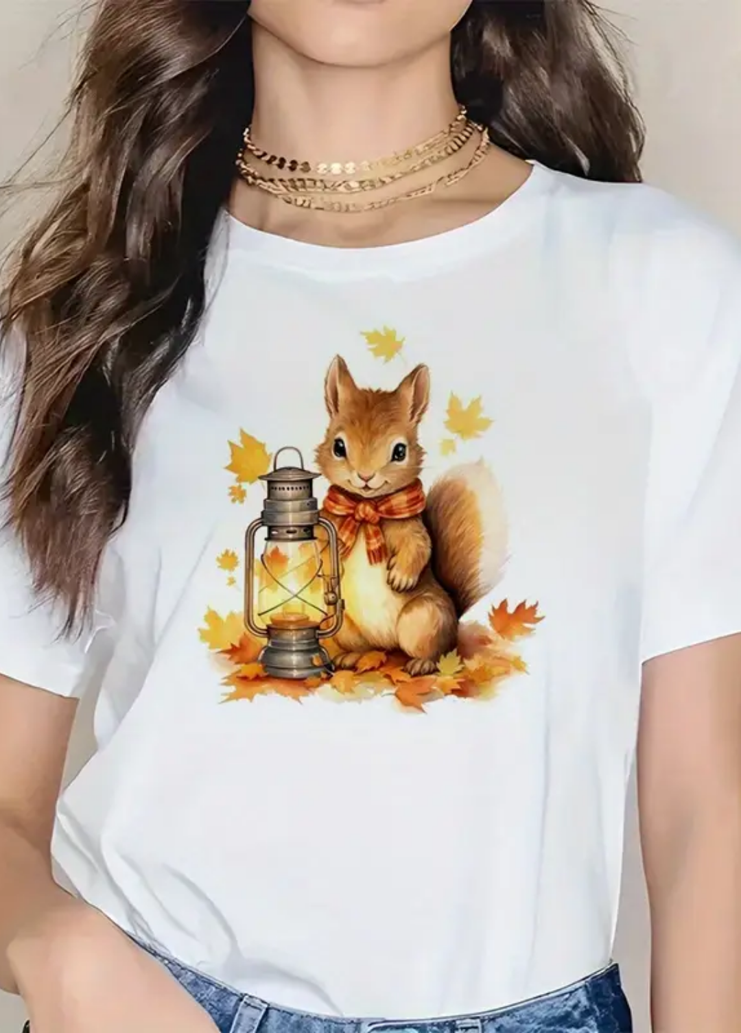 Tricou dama 100% bumbac "Squirrel autumn" Alb