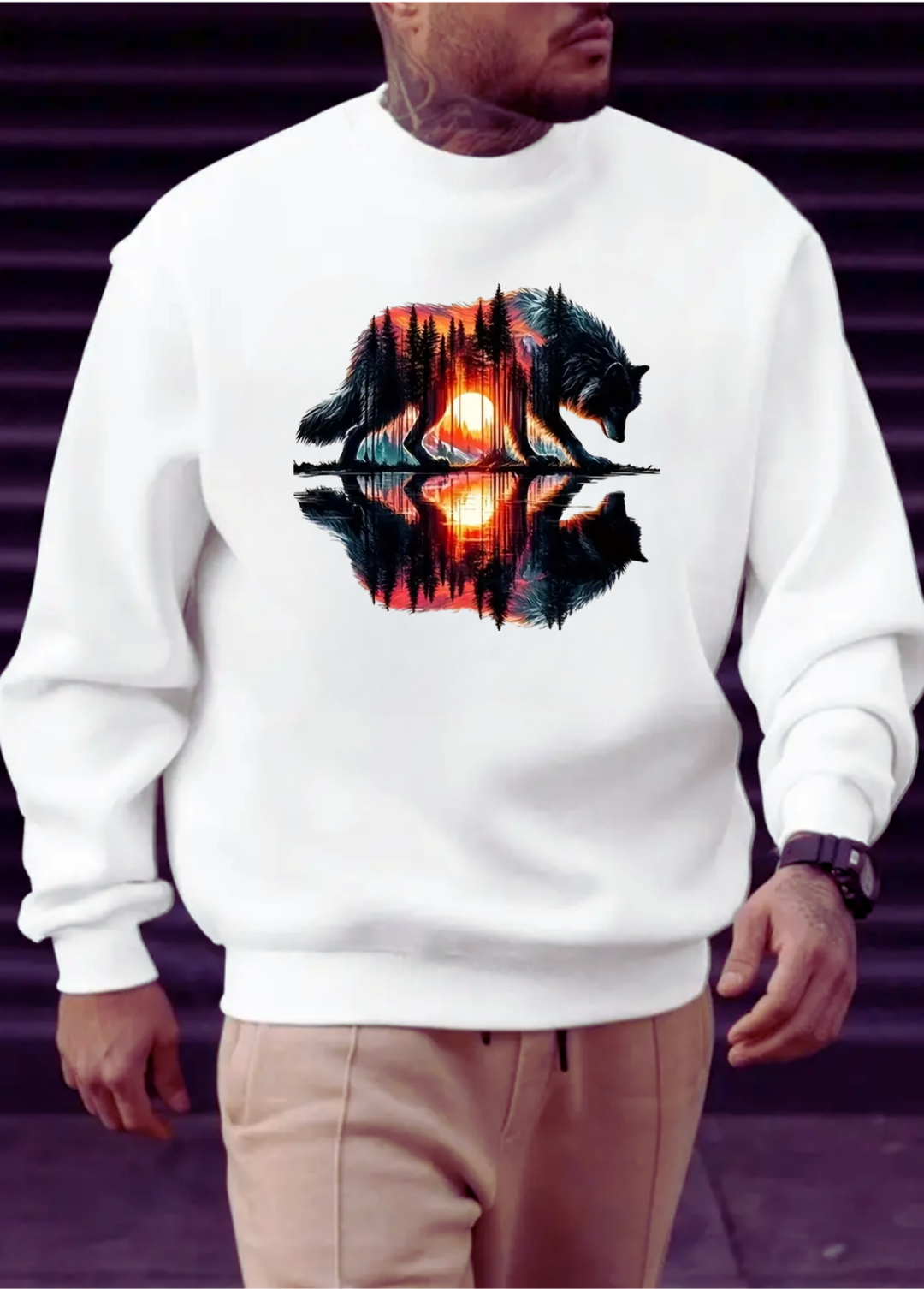 Hanorac barbat oversize ,, Wolf " Alb