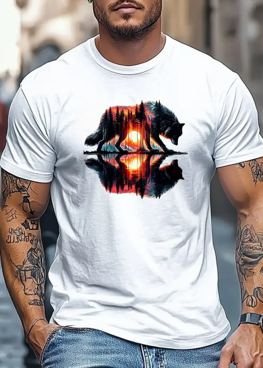 Tricou barbat 100% bumbac "Wolf" Alb